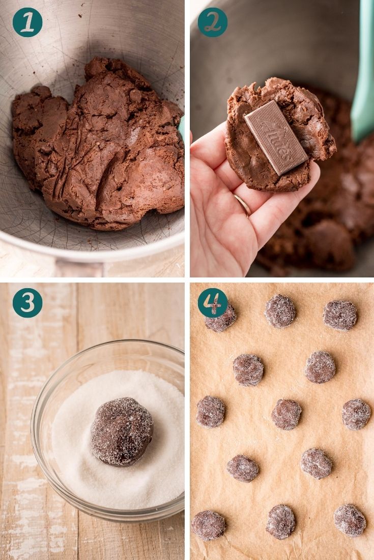 Step-by-step photo collage showing how to make mint chocolate cookies stuffed with Andes mints. 