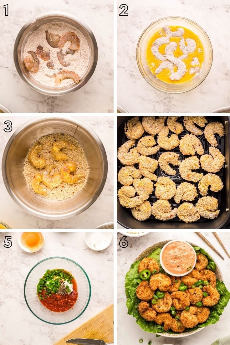 Step-by-step photo collage showing how to make air fryer shrimp.