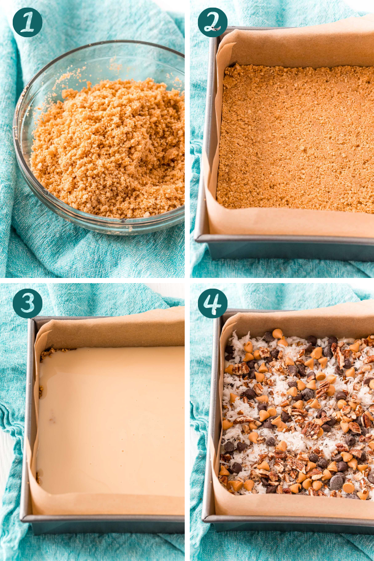 Photo collage showing how to make 7 layer bars.