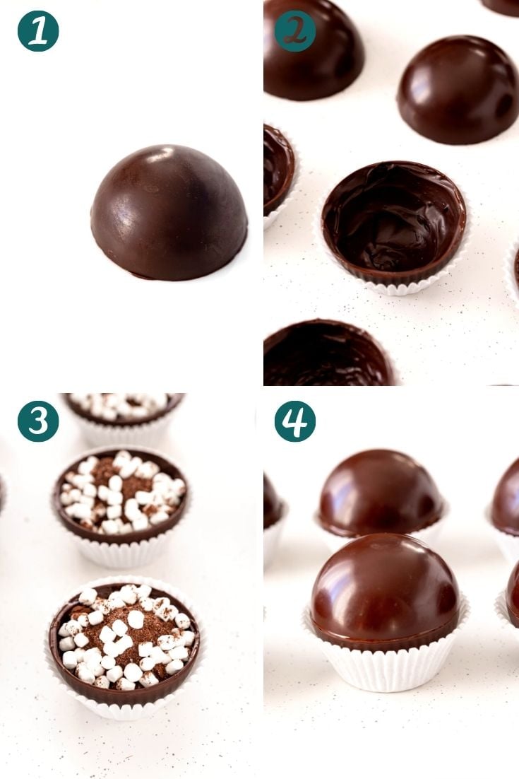 Step-by-step photo collage showing how to assemble hot chocolate bombs.