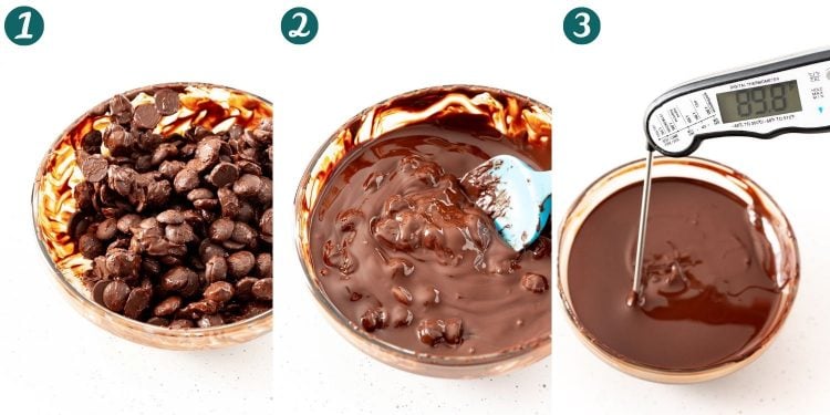 Step-by-step photo collage showing how to temper chocolate.