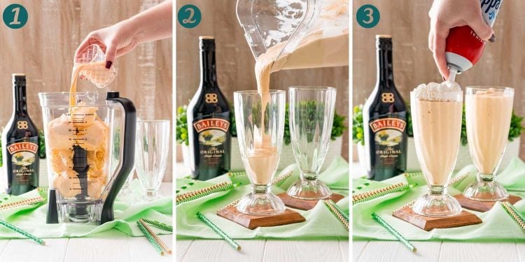 Step-by-step photo collage showing how to make an Irish Cream Milkshake.