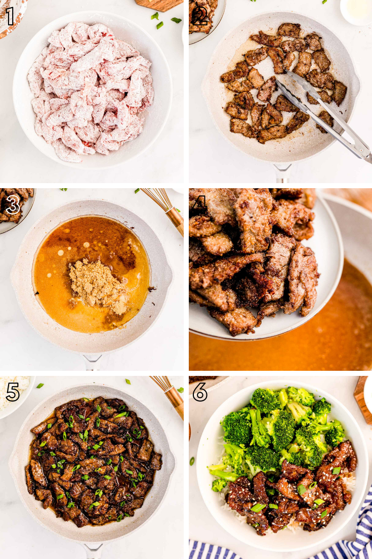 Step-by-step-photo collage showing how to make Mongolian beef.