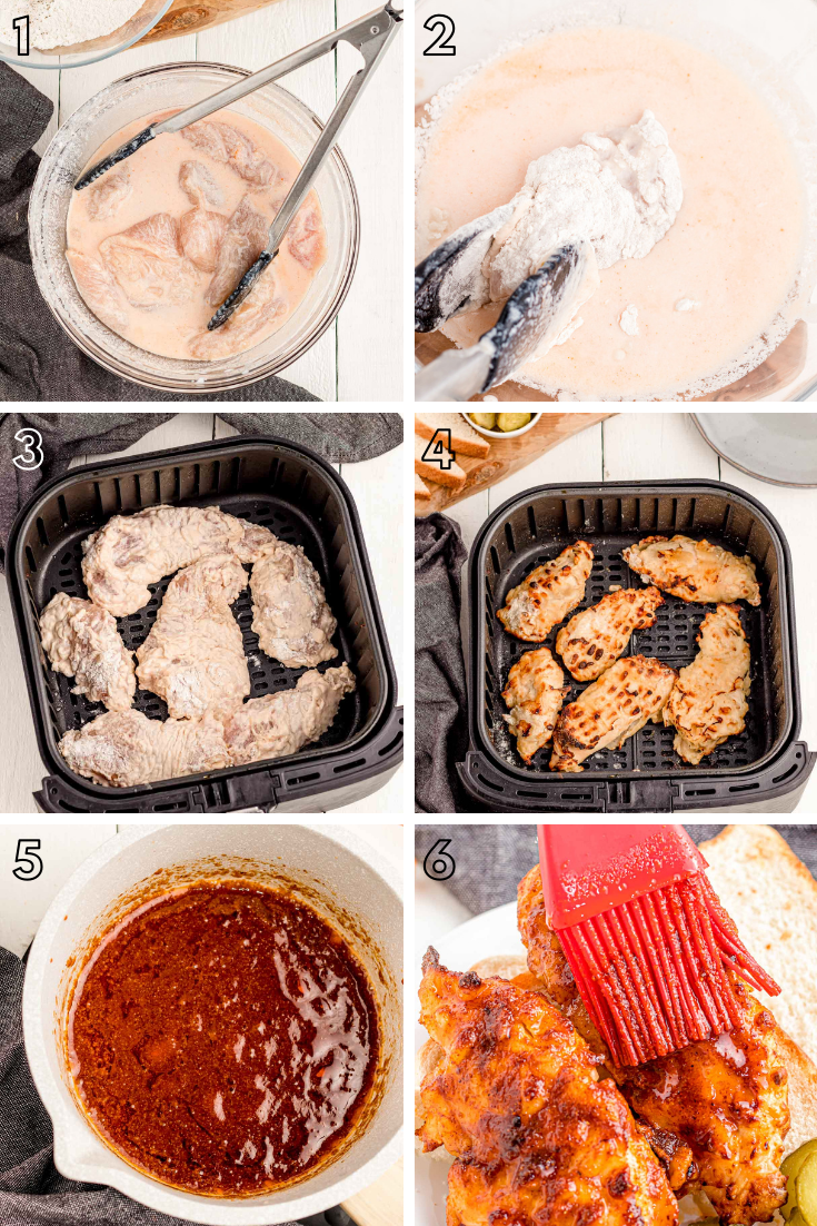 Step by step photo collage showing how to make nashville hot chicken.