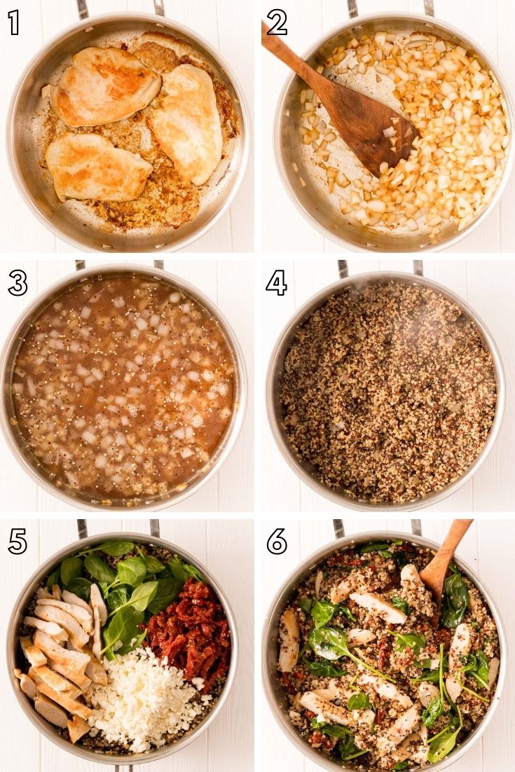 Step-by-step photo collage showing how to make one pan greek chicken with quinoa, spinach, feta, and sundried tomatoes.