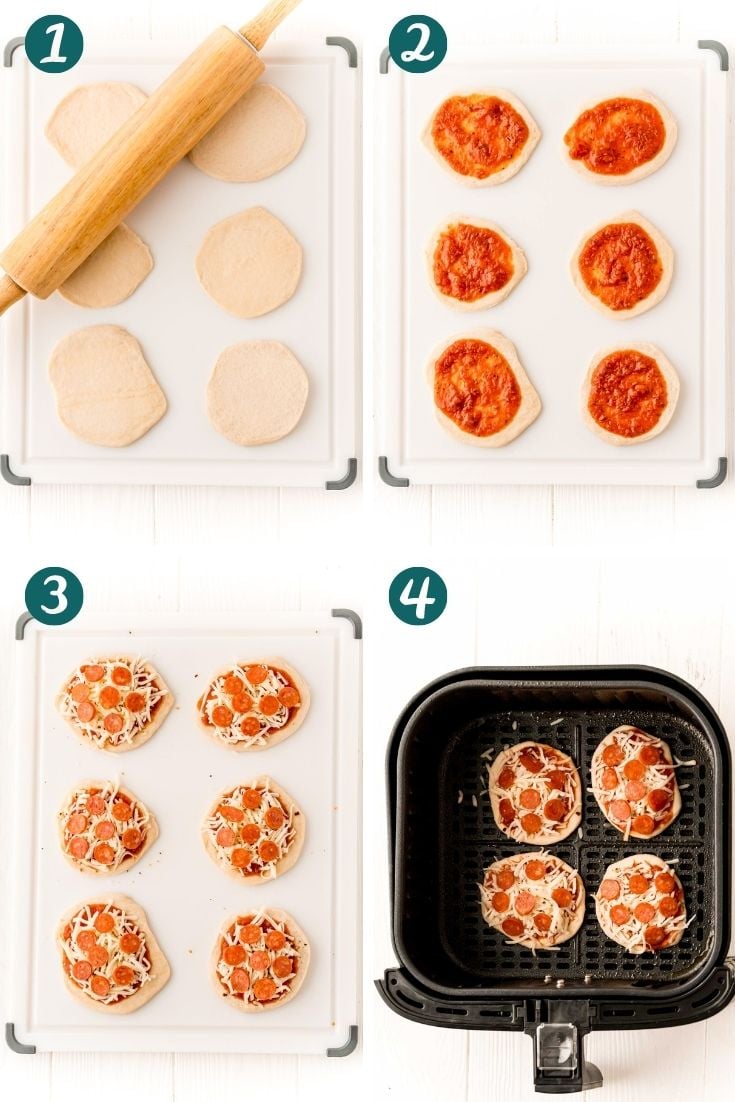 Step by step photo collage showing hot to make pizzas in an air fryer.