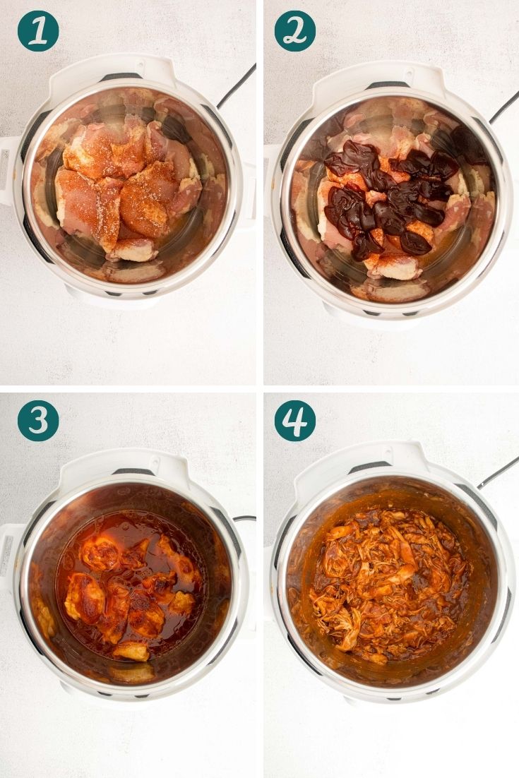 Photo collage showing how to make barbecue chicken in the instant pot.