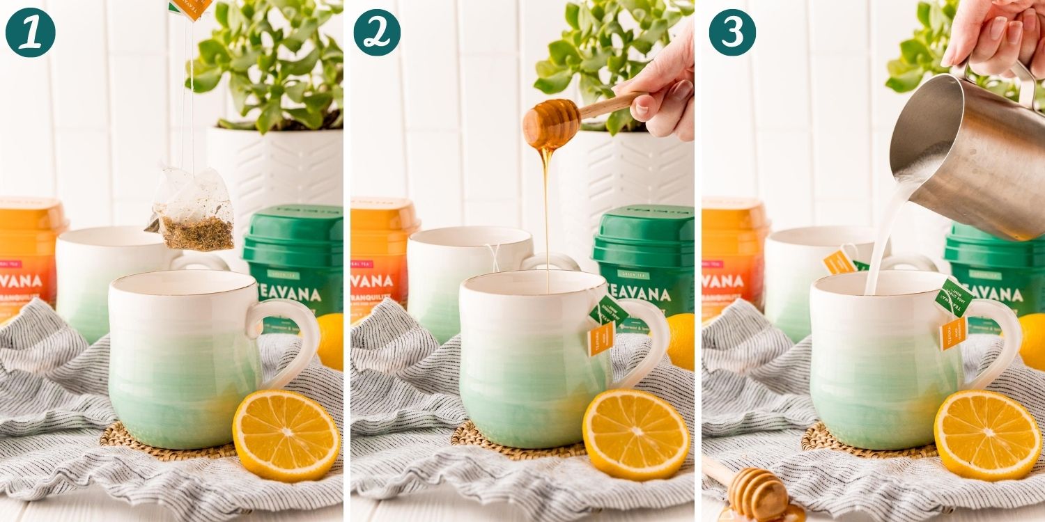 Step by step photos showing how to make medicine ball tea.