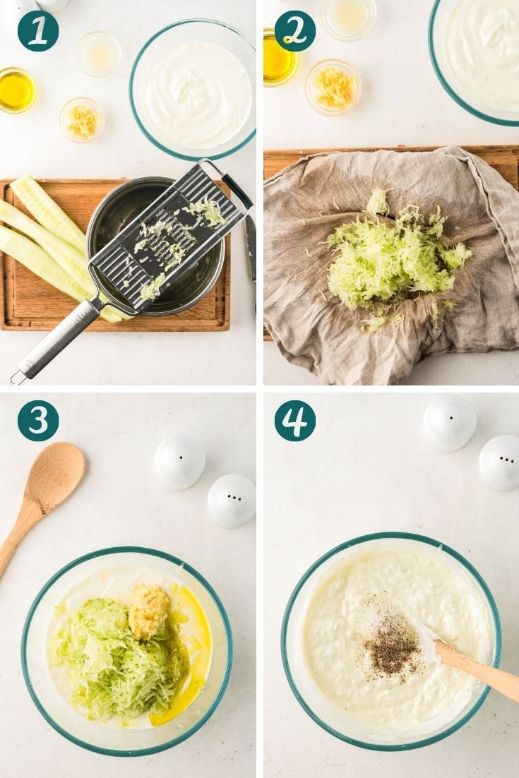 Step-by-step photos showing how to make tzatziki sauce.