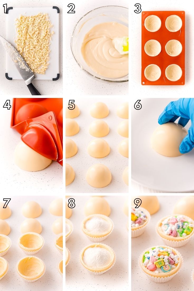 Step-by-step photo collage showing how to make white chocolate hot chocolate bombs.