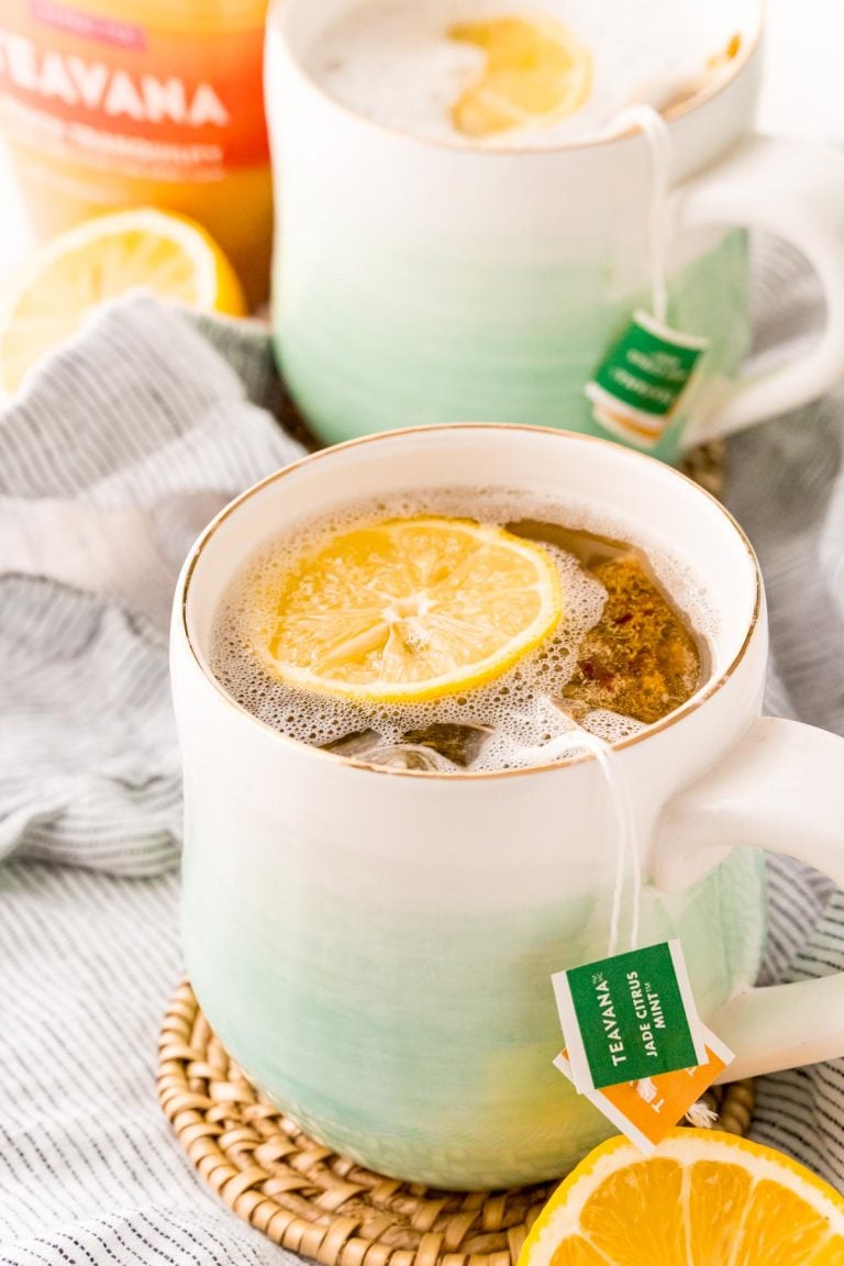 A mug filled with a homemade Starbucks medicine ball tea.