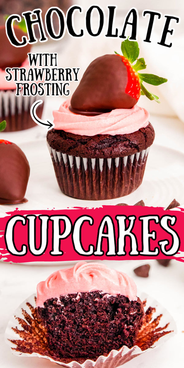 Chocolate Covered Strawberry Cupcakes are homemade chocolatey, moist cupcakes covered in a rich strawberry cream cheese frosting and topped with juicy chocolate covered strawberries! via @sugarandsoulco