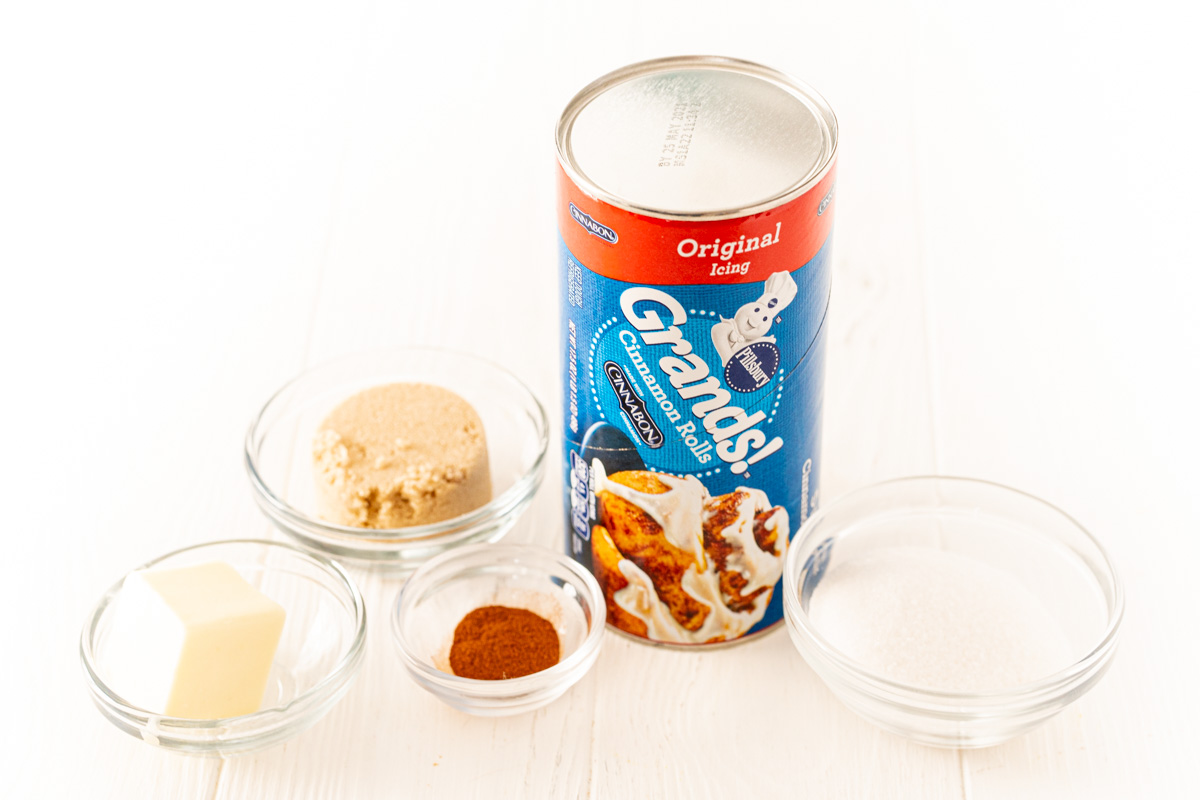 Ingredients used to make air fryer monkey bread on a white table.