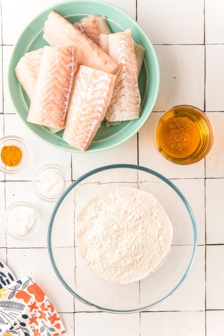 Overhead photo of ingredients to make fried fish.