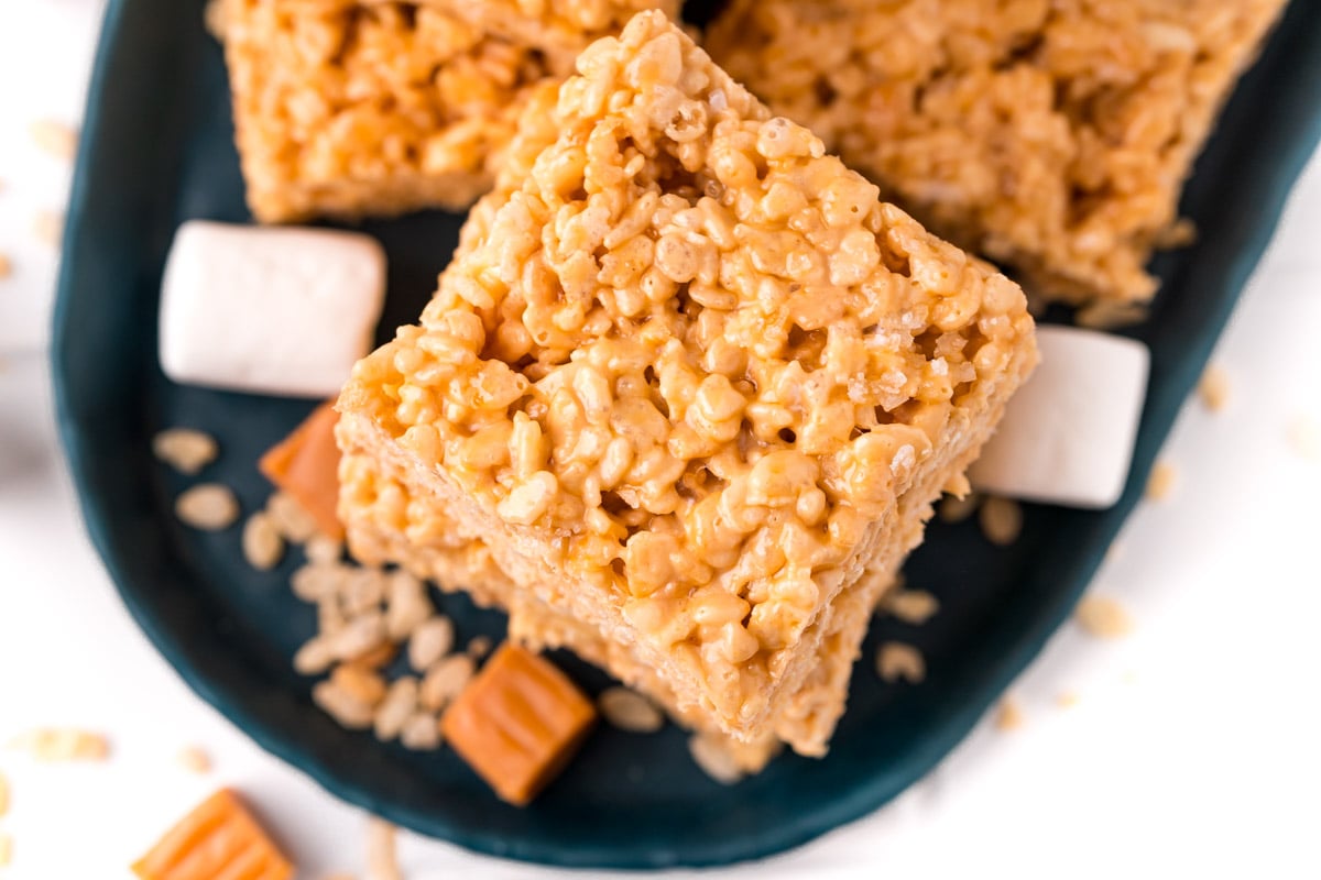 Overhead photo of a stack of salted caramel rice krispie treats.