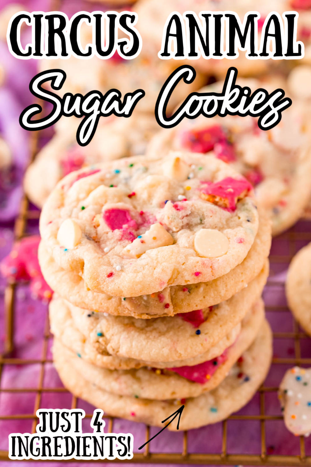 Circus Animal Cookies are fun, sweet, and delicious treats that are loaded with circus animal cookies, white chocolate chips, and sprinkles! Made with refrigerated cookie dough for a fast and easy 4-ingredients dessert! via @sugarandsoulco