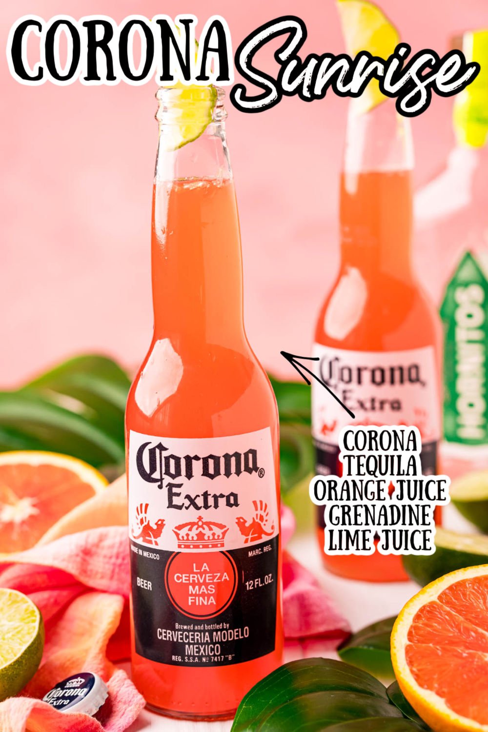This Corona Sunrise Cocktail is a fun and easy drink recipe made right in the bottle with beer, tequila, orange juice, grenadine, and lime juice and is perfect for summer! via @sugarandsoulco