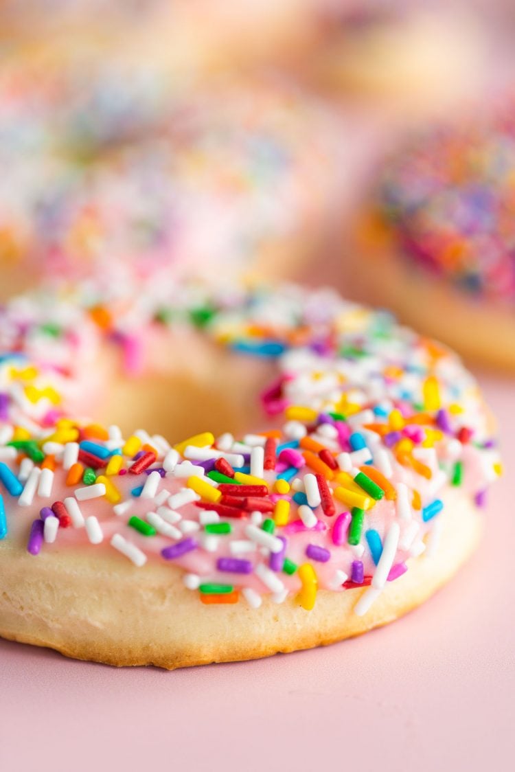 Close up photo of a donut cookie covered in rainbow sprinkles.