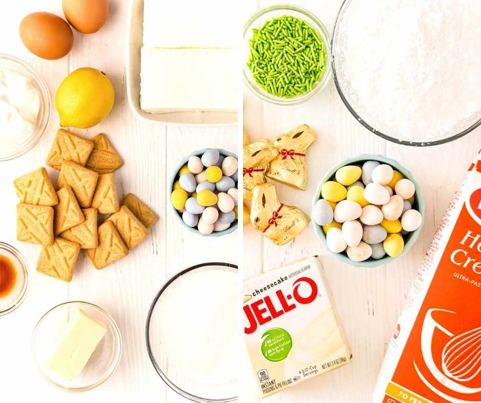 Ingredients used to make Easter decorated cheesecakes.