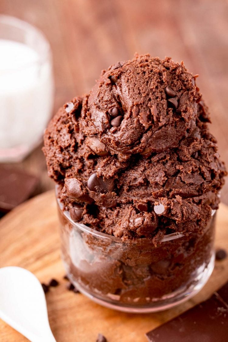 Close up photo of a bowl of edible brownie batter.