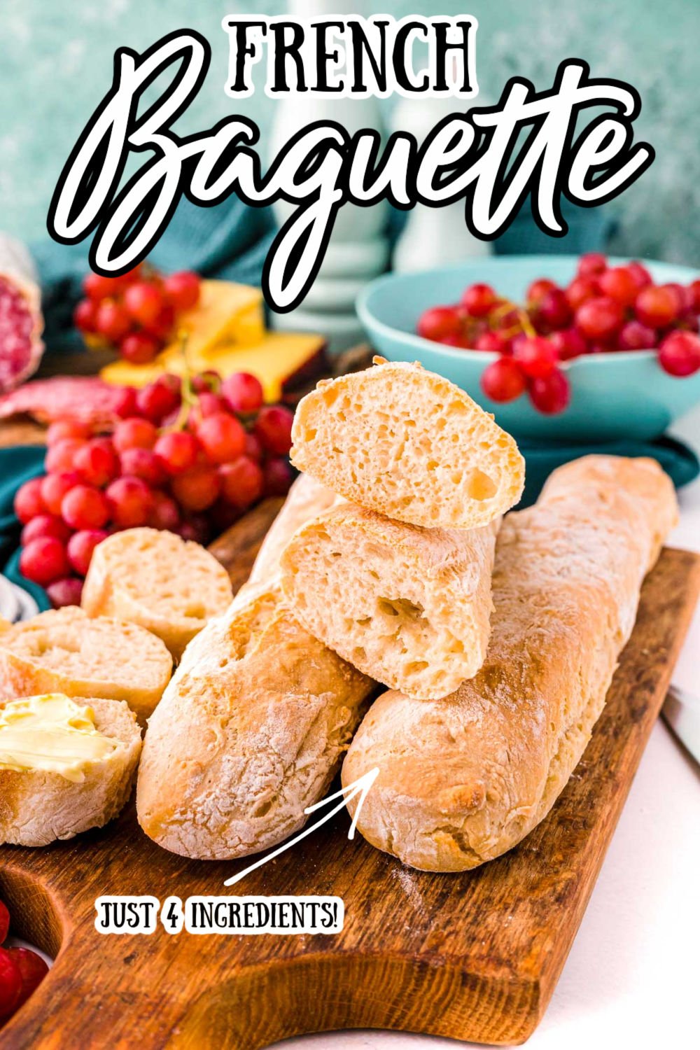 This classic French Baguette recipe uses 4 simple ingredients to make long loaves of crusty bread that have a tender and chewy inside! Perfect when paired with butter, jam, or cheese! via @sugarandsoulco