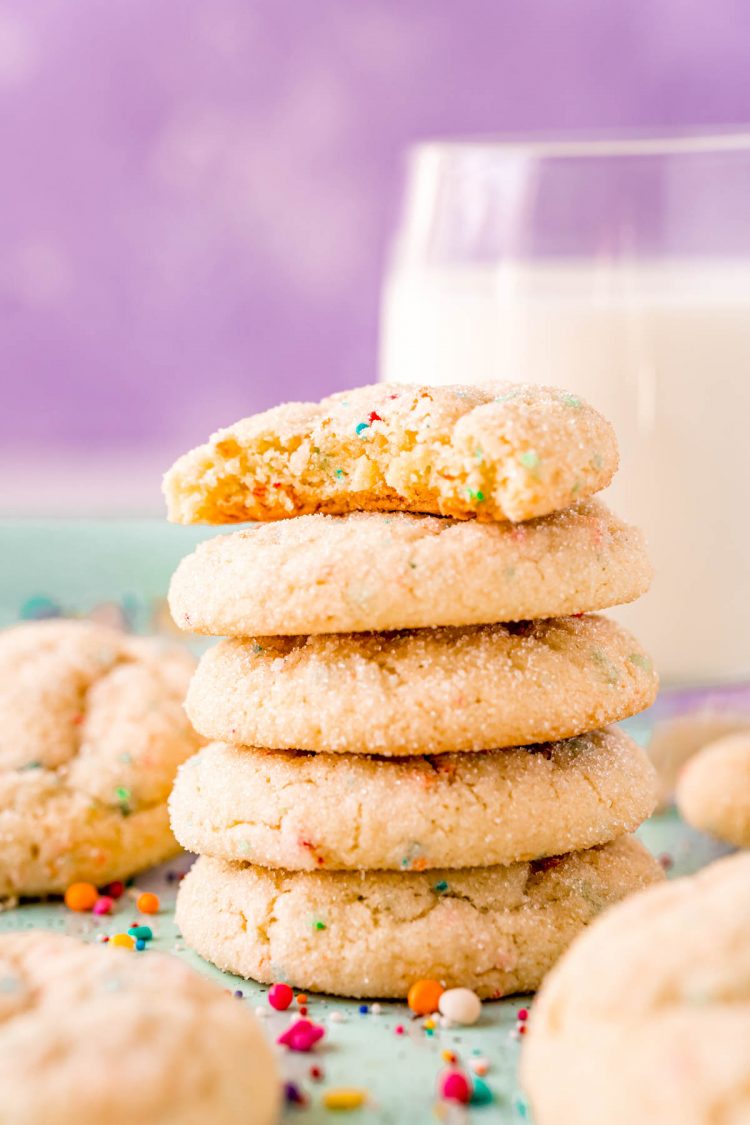 Close up photo of a stack of funfetti cake mix cookies.