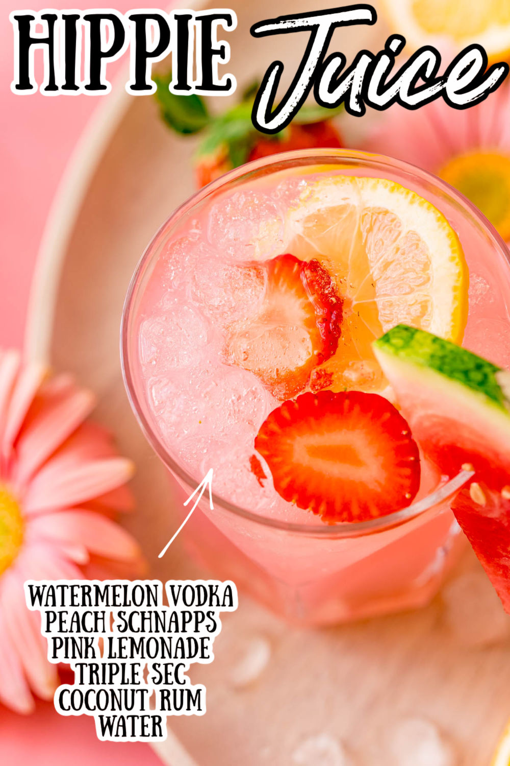 Hippie Juice uses watermelon vodka, triple sec, coconut rum, and peach schnapps to make a strong, incredibly smooth, sweet, and fruity drink! via @sugarandsoulco