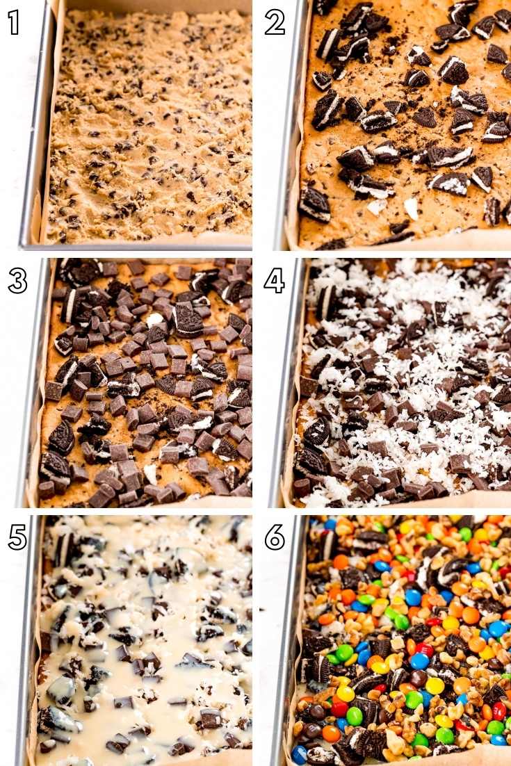 Step-by-step photo collage showing how to make Oreo Cookie Magic Bars.