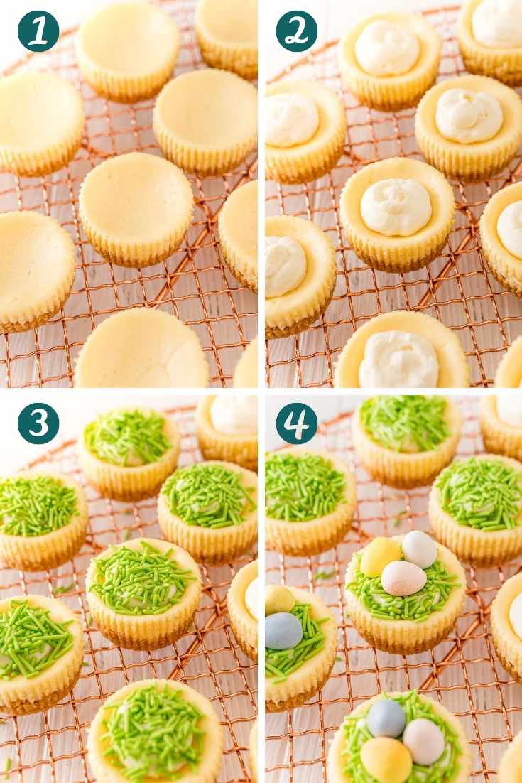 Step by step photo collage showing how to make easter cheesecakes.