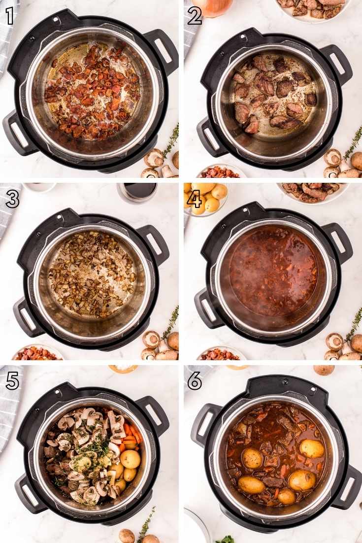 Step-by-step photo collage showing how to make beef bourguignon in an instant pot.