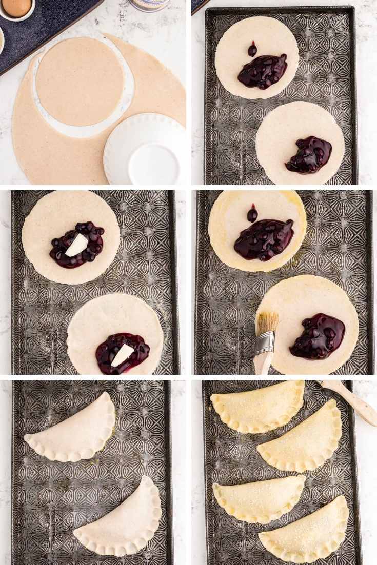 Step by step photo collage showing how to make blueberry hand pies.