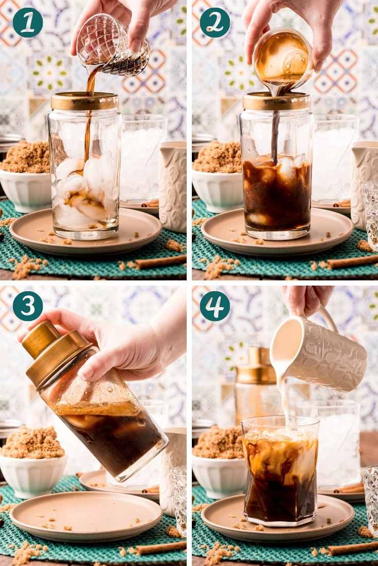 Step-by-step photo collage showing how to make a brown sugar oatmilk espresso at home.