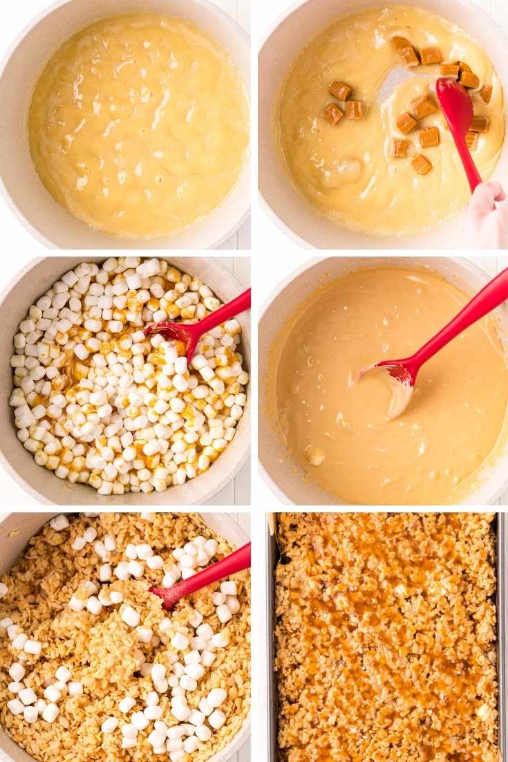 Step by step photo collage showing how to make caramel rice krispie treats.