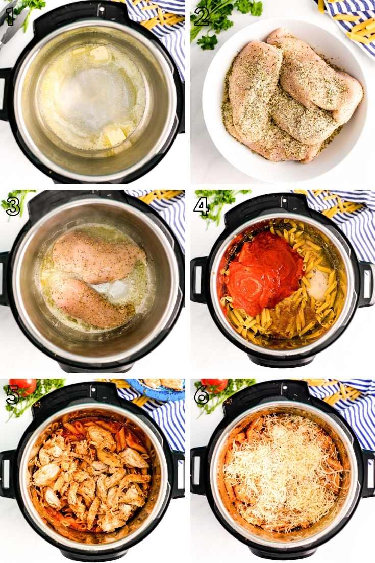 Step-by-step photo collage showing how to make chicken parm in an instant pot.