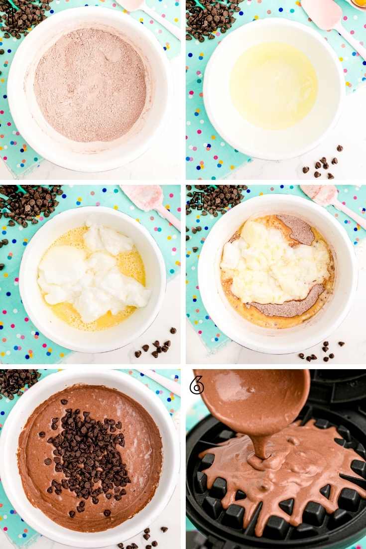 Step-by-step photo collage showing how to make chocolate waffles.