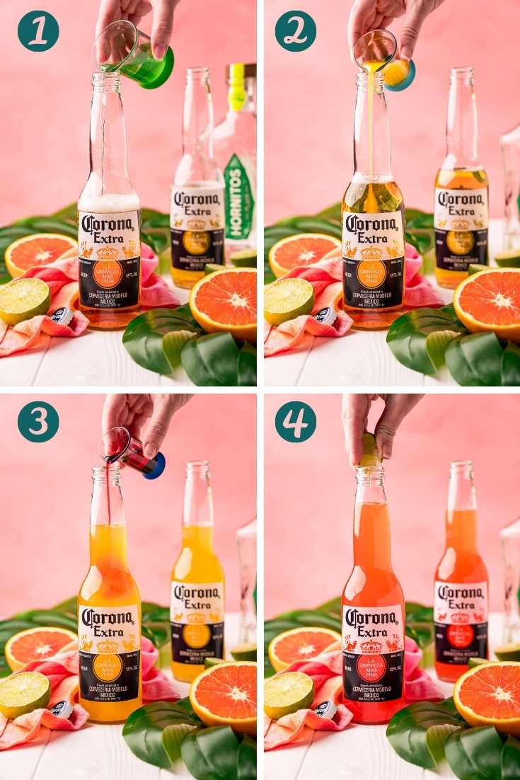 Step-by-step photo collage showing how to make a Corona Sunrise.