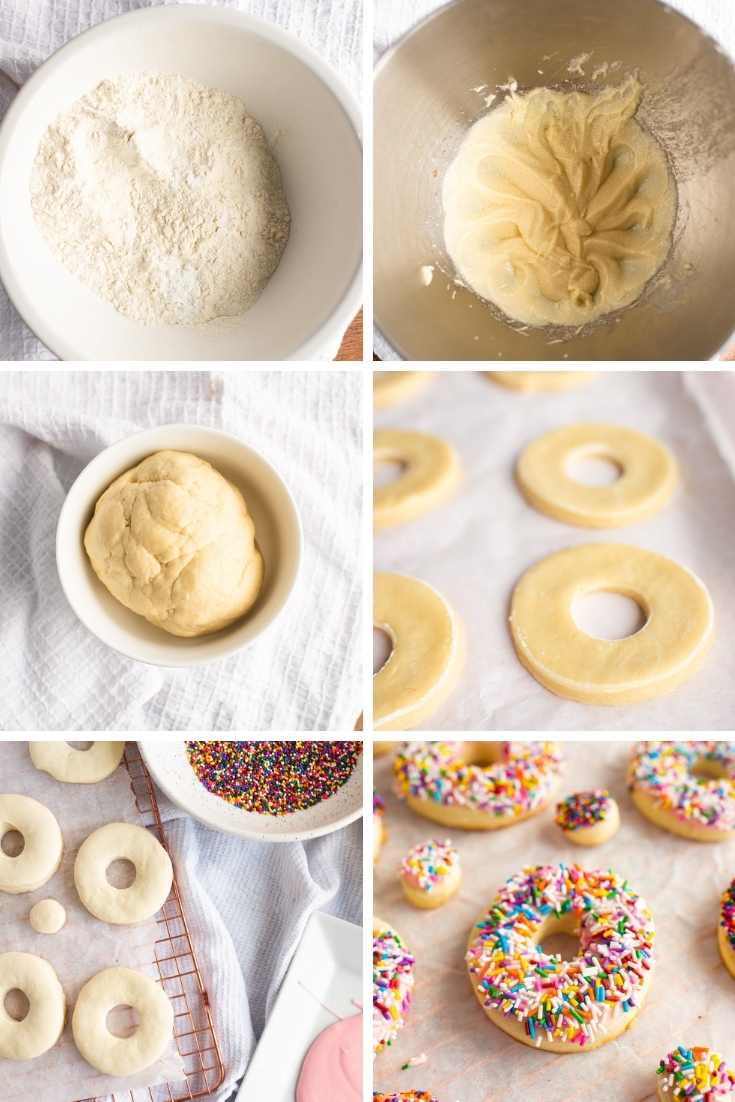 Step-by-step photo collage showing how to make donut cookies.