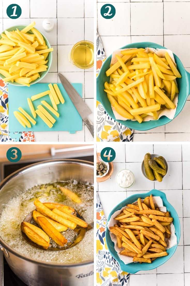 Step-by-step photo collage showing how to make french fries.