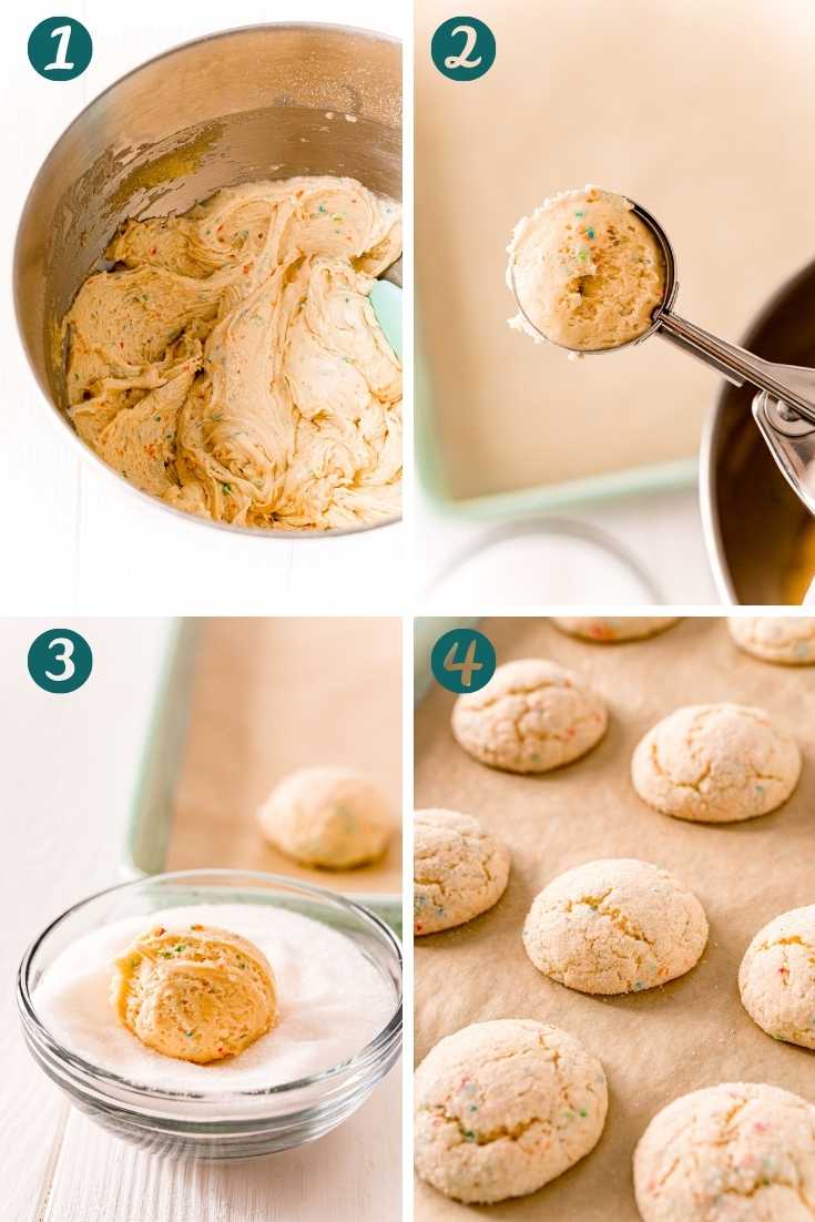 Step by step photo collage showing how to make funfetti cookies.