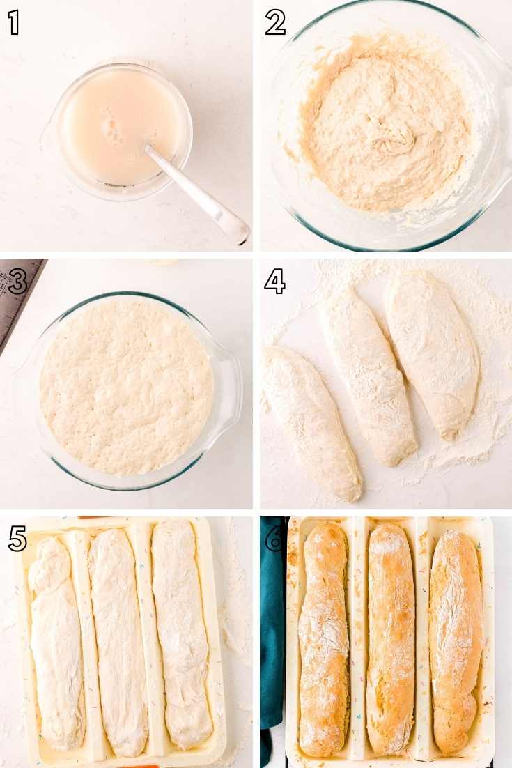 Step-by-step photo collage showing how to make French baguettes.