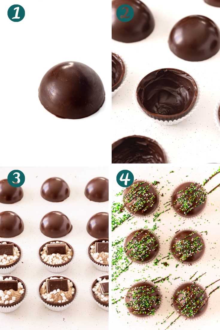 Step-by-step photo collage showing how to make mint hot cocoa bombs.