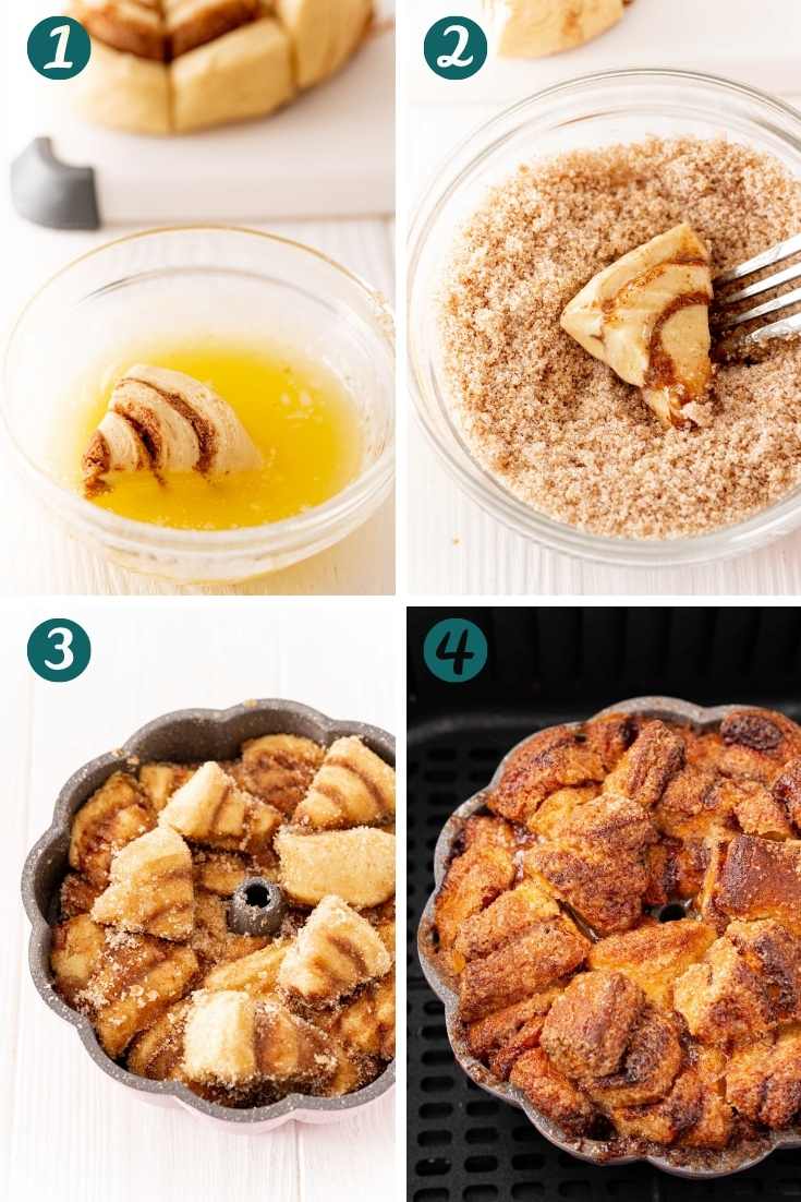 step-by-step photo collage showing how to make monkey bread in the air fryer.