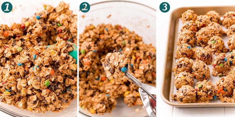 Step-by-step photo collage showing how to make monster cookie energy balls.