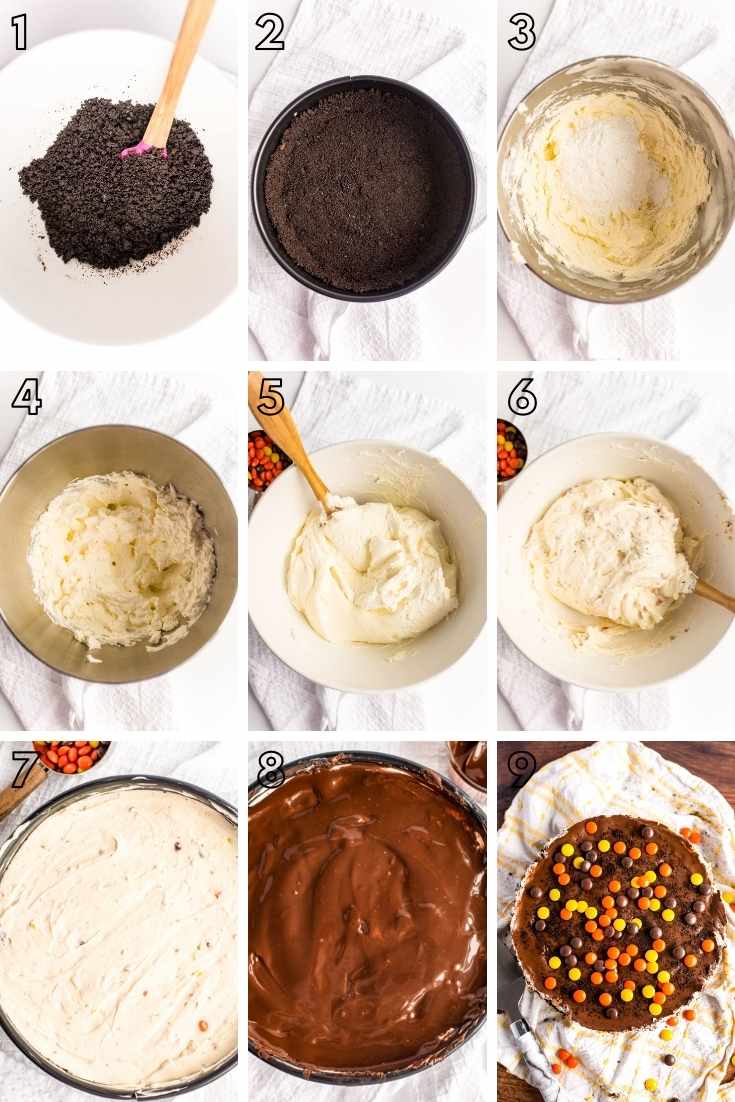 Step-by-step photo collage showing how to make no bake peanut butter cheesecake.