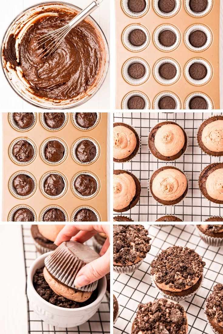 step-by-step photo collage showing how to make oreo cupcakes.