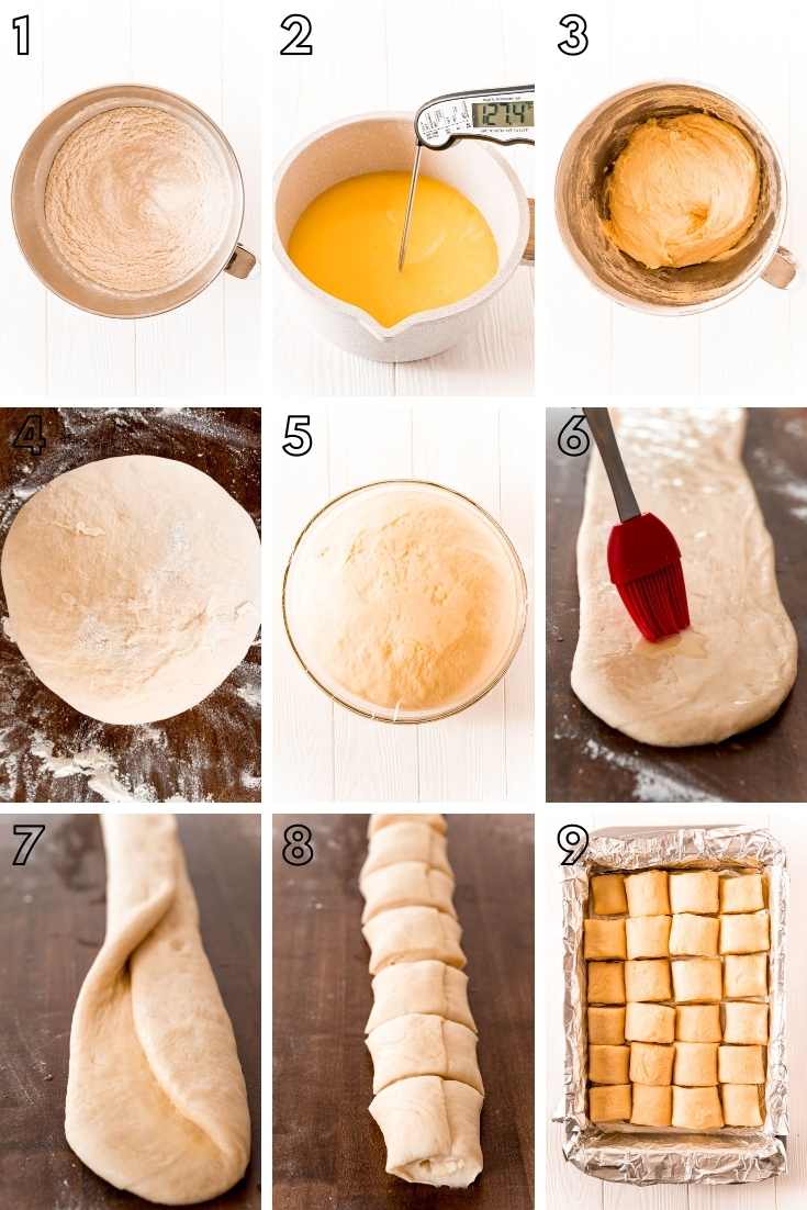 Step-by-step photos showing how to make parker house rolls.