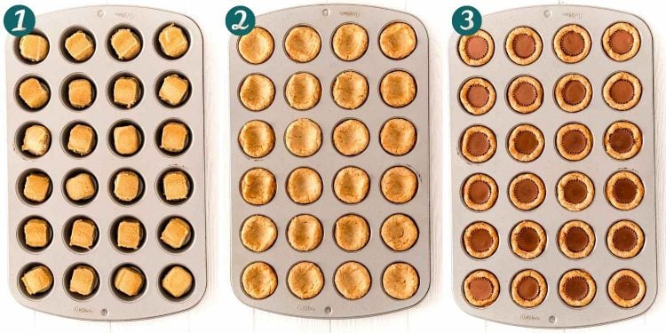 Step-by-step photo collage showing how to make peanut butter cookie cups.