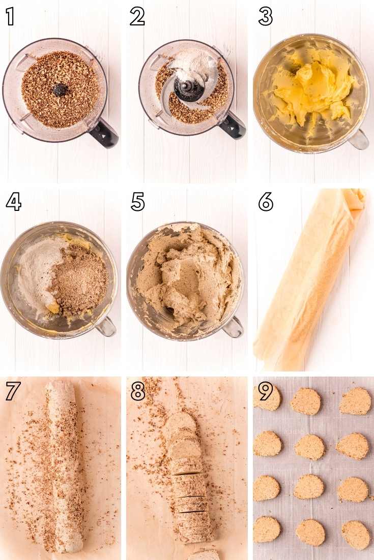 Step-by-step photo collage showing how to make pecan sandies.