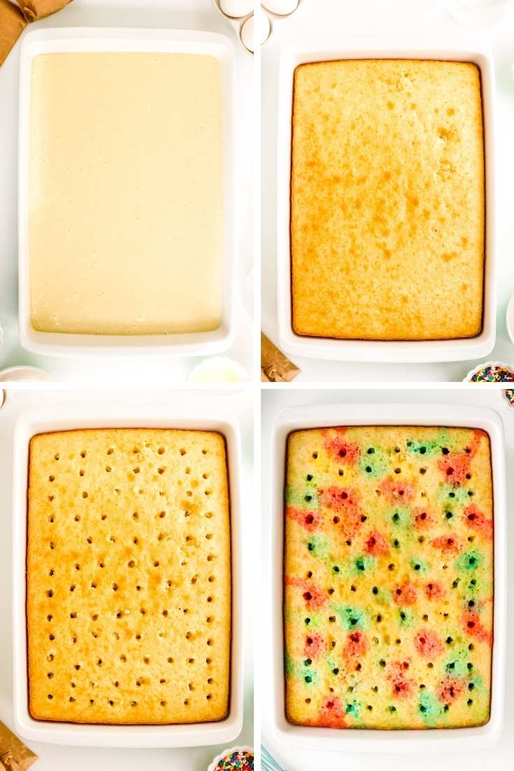 Step-by-step photo collage showing how to make rainbow poke cake.