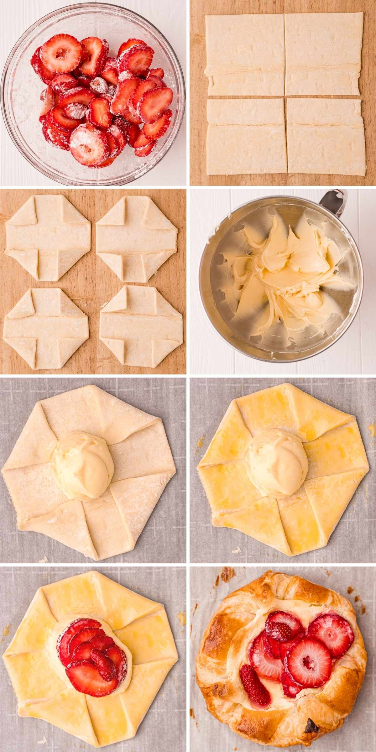 Step by step photo collage showing how to make cheese danishes.